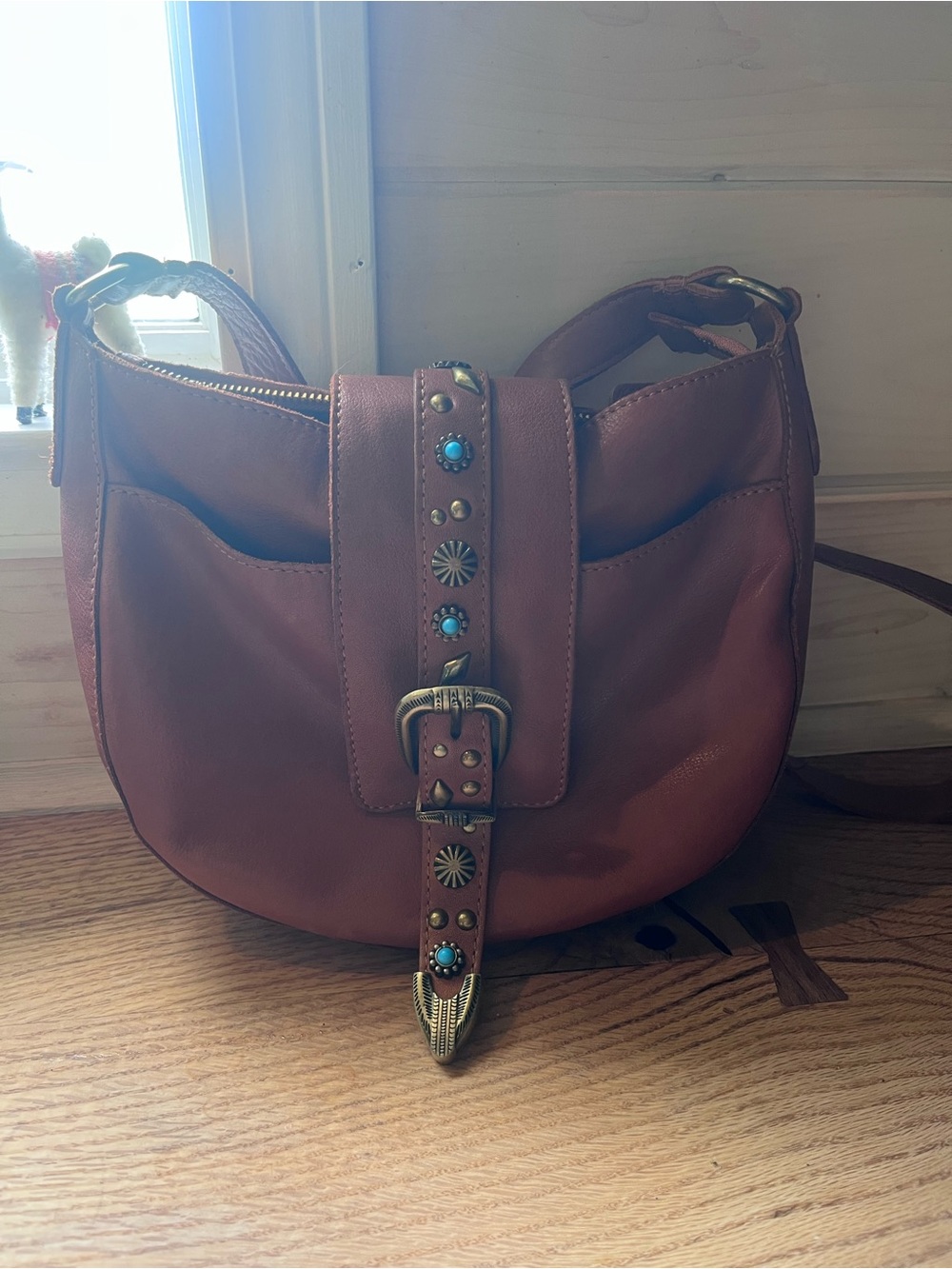 Vilencia Leather Crossbody Bag with Turquoise Stud Details - Brown